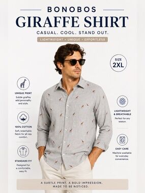 Bonobos Giraffe Print Button Down Shirt 2XL Gray 100% Cotton Standard Fit